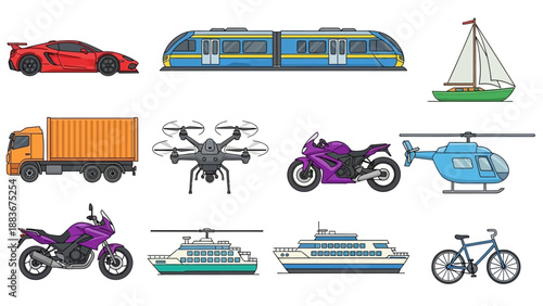 Various modes of transportation including cars, trains, and boats are depicted in a collection of vehicle illustrations.