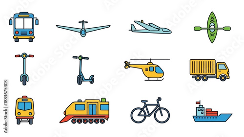 Various vehicles and transportation modes illustrated in a collection of colorful icons on a plain background from an overhead viewpoint