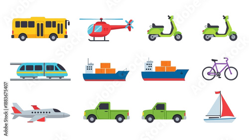 Various transportation modes depicted in a grid of colorful illustrations showcasing vehicles and vessels