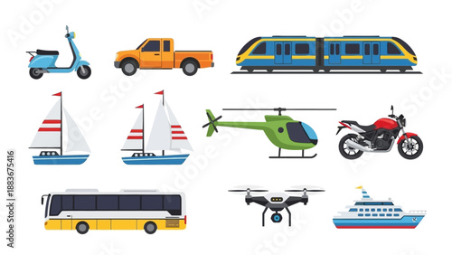 Various vehicles including scooters, cars, trains, sailboats, motorcycles, buses, helicopters, drones, and ships showcased together in a collage illustration
