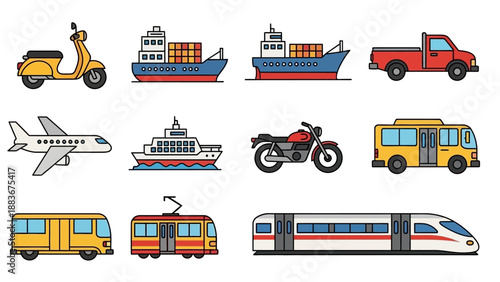 Various modes of transportation including vehicles, trains, and boats illustrated in a collage format