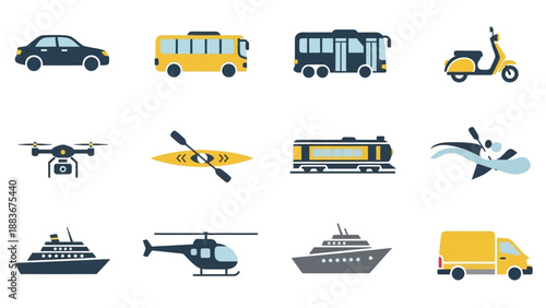 Assorted vehicles including cars, buses, trucks, and aircraft on display in a graphic illustration showcasing various modes of transportation