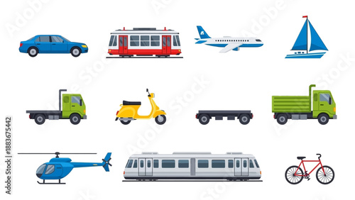 Various vehicles including cars, buses, airplanes, and bicycles are depicted in a collection of illustrations showcasing different modes of transportation.