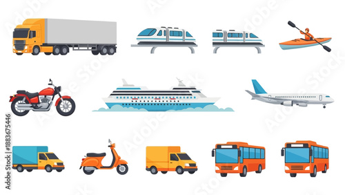 Various vehicles including trucks, motorcycles, boats, airplanes, and buses are depicted in a collage on a white background from a straightforward viewpoint.