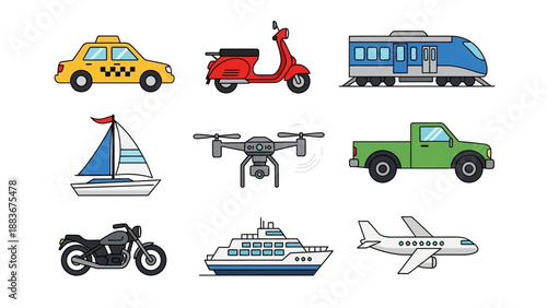 Various vehicles including cars, motorcycles, and aircraft on a white background displayed from a straightforward viewpoint
