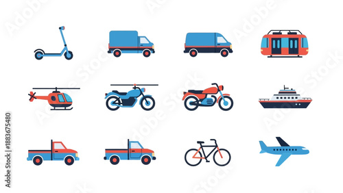Various vehicles and modes of transportation illustrated in a modern, graphic style from a top-down viewpoint