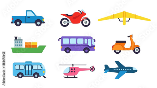 Various vehicles and modes of transportation illustrated in a collection of cartoon graphics