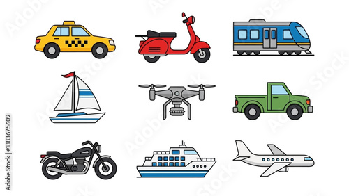 Collection of various transportation vehicles illustrated in a grid layout on a white background from a top-down viewpoint