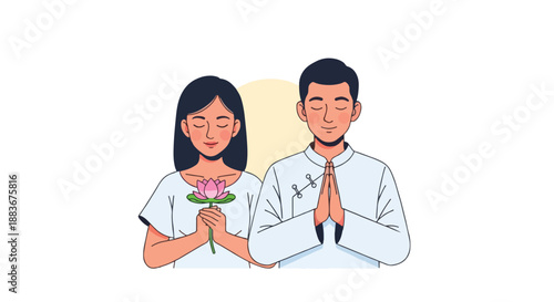 Man and woman praying with lotus flower