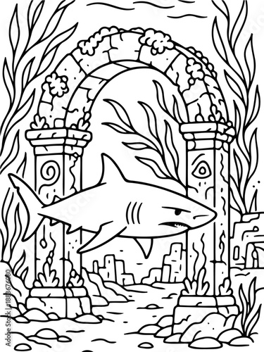 Shark Amidst Ancient Ruins: A cartoon shark swims through an ancient ruin overgrown with seaweed, awaiting coloring and sparking imagination in a monochrome line art style.