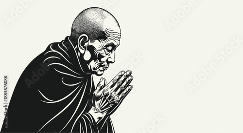 Monk praying hands portrait black and white