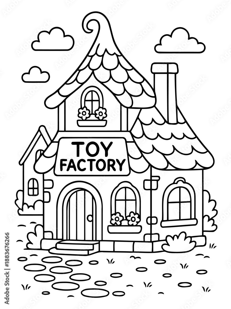 Fototapeta premium Toy Factory Line Art: A whimsical monochrome line art illustration of a charming toy factory, complete with quaint architecture and playful details.