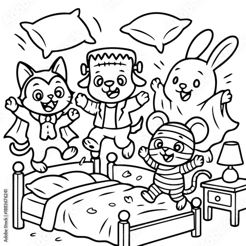 Halloween Bedtime Bash: A whimsical illustration captures a vibrant scene of costumed animals having a pillow fight on a bed, epitomizing the fun spirit of Halloween. 