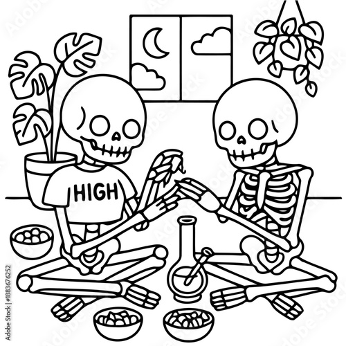 Skeleton Stoner Duo: Two skeletal figures sit cross-legged, sharing a moment over lighting with bong, surrounded by houseplant and night time view in the background.
