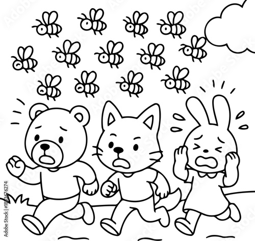 Runaway from swarm: A cartoonish depiction shows three panicked animal friends running away from a menacing swarm of bees. evoking a sense of urgency and fear