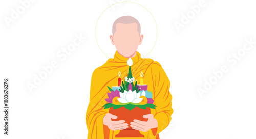 Buddhist monk holding offering with transparent background