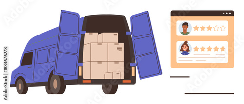 E-commerce, logistics, shipping services, customer feedback, delivery rating, inventory management. Van loaded with boxes beside customer review interface. E-commerce and logistics concept