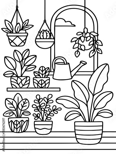 Indoor Plant Coloring Page: Delightful coloring page featuring various potted indoor plant and a watering can by the window, perfect for creative relaxation and artistic expression.