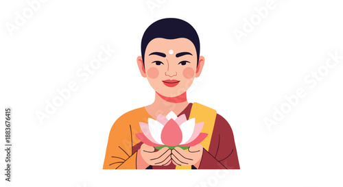 Buddhist nun holding lotus flower with transparent background