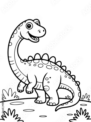 Cute dinosaur coloring page: A friendly cartoon dinosaur, perfect for coloring fun, stands in a grassy landscape with a cheerful expression.
