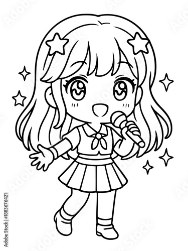 Anime-Style Singer: An charming anime character, complete with wide eyes and flowing hair, joyfully belts out a song, clutching a microphone and surrounded by glittering stars.