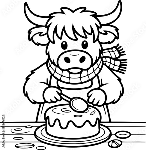 Confectionery Creation: A cheerful bovine, adorned with a cozy scarf, meticulously crafts a confectionery masterpiece, demonstrating care and precision.