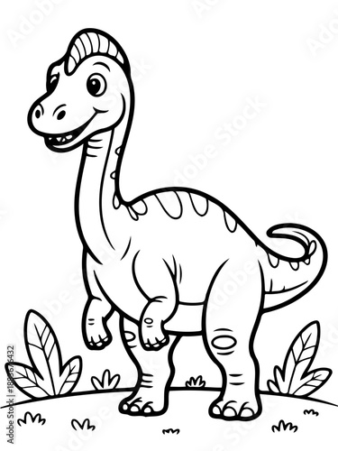 Cute Cartoon Dinosaur: A charming black and white illustration of a baby dinosaur, with a long neck and a friendly smile, stands on grassy ground surrounded by simple foliage.