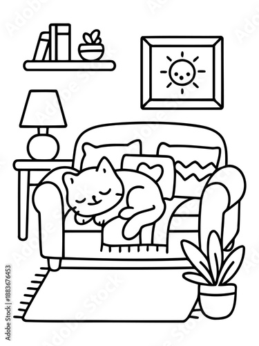 Cozy Cat Nap: A charming illustration depicts a serene moment as a cat enjoys a peaceful nap on a comfortable sofa, surrounded by cozy elements like books, artwork, and potted plants.