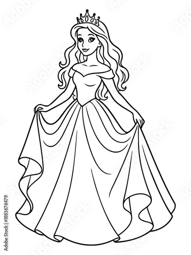 Enchanting Royalty: A captivating illustration of a princess in an elegant gown, adorned with a regal crown, exudes grace and charm.