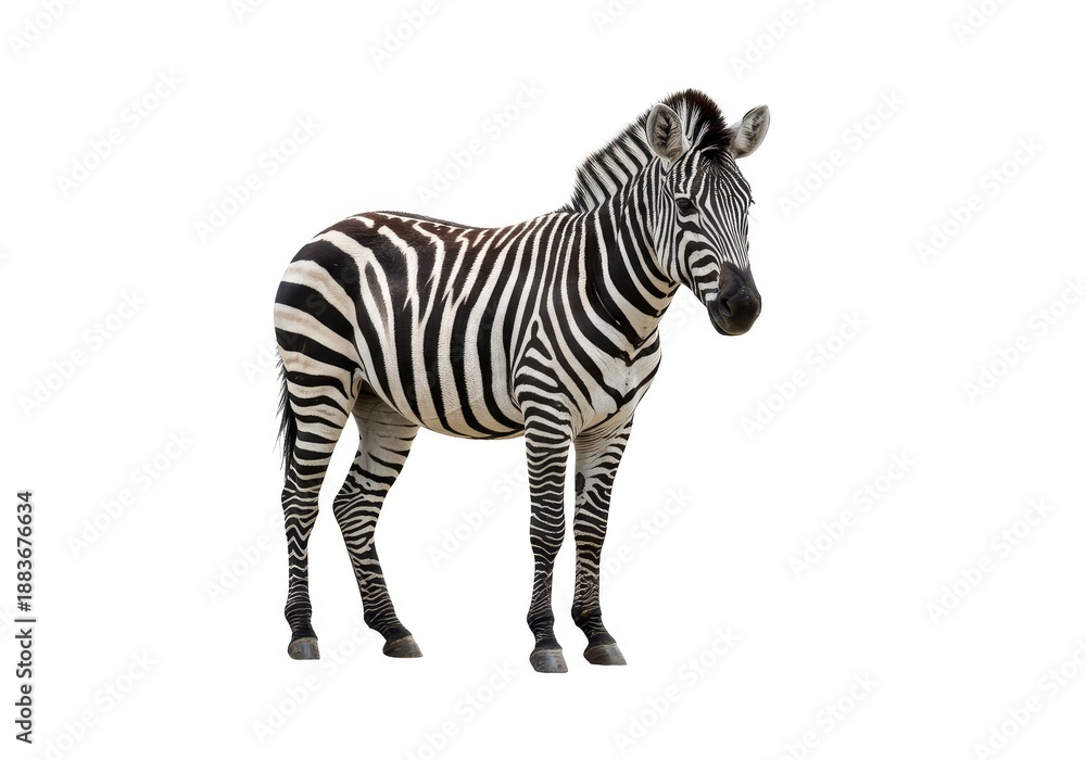 Obraz premium A majestic wild zebra animal stands isolated and centered on a pure white background, emphasizing its distinctive black and white striped fur coat, Zebra, habitat, background