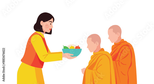 Woman offering food to Buddhist monks with transparent background