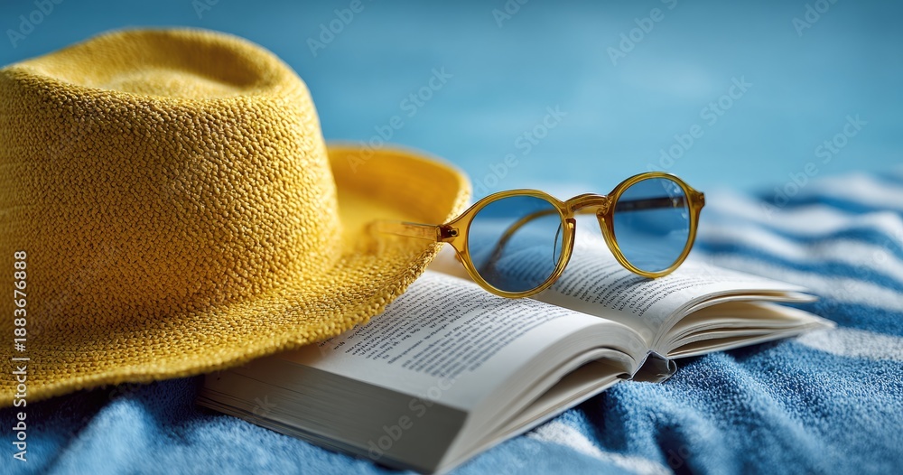 Bright Summer Hat and Sunglasses on Open Book in Relaxing Holiday Setting