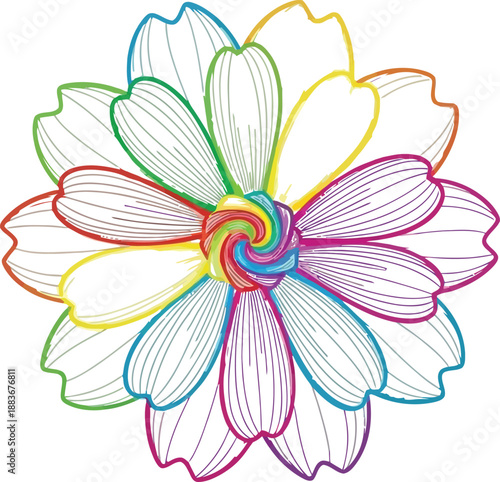 Multicolored floral illustration with rainbow petals and detailed center
