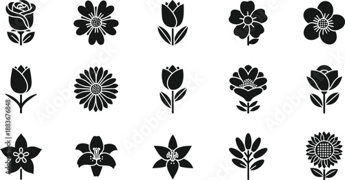 Collection of 12 unique floral silhouettes in black on white background