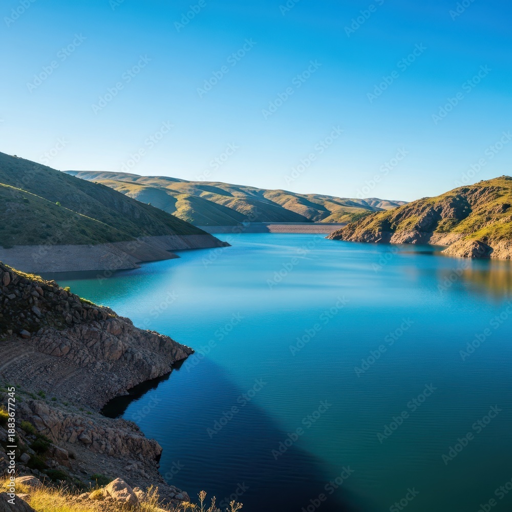 Fototapeta premium Expansive blue reservoir lake reflecting clear skies, surrounded by rugged natural hills, utilized for crucial water storage and environmental conservation, clear, fresh, peaceful