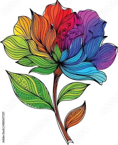 Vibrant multi colored flower with diverse leaves on a single stem