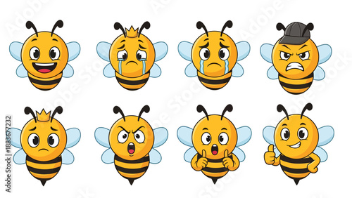 A charming collection of cartoon bee characters showcasing a wide range of human-like emotions and expressions, perfect for children's designs.