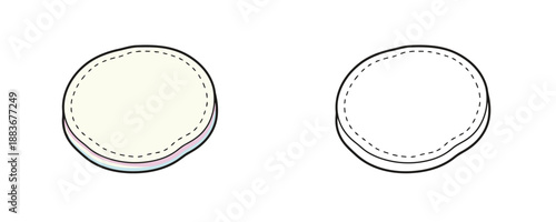 Cotton pad cartoon and line art style in soft white and pastel colors representing facial cleaning skincare routine or makeup removal procedure on white background
