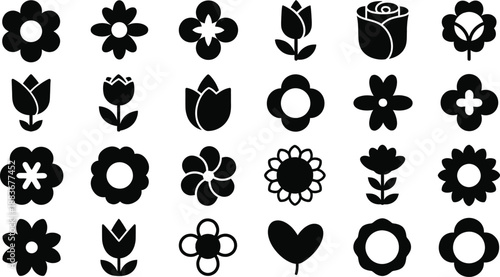 Collection of 25 unique flower and heart shapes in black silhouette on white background for design and decoration