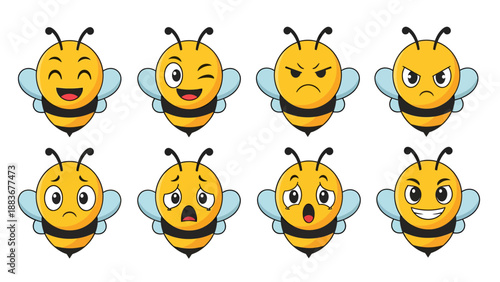 A delightful collection of cute cartoon bee characters showcasing a wide range of human-like emotions and expressions, perfect for digital design projects.