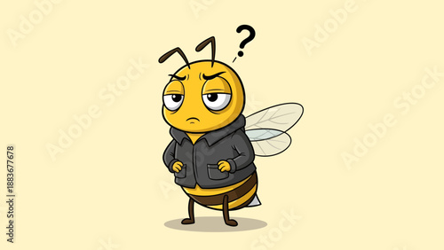 A perplexed cartoon bee, dressed in a stylish jacket, stands with a questioning expression, perfectly capturing feelings of uncertainty and contemplation.