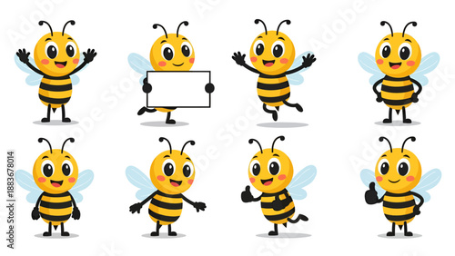 This vibrant illustration features eight adorable cartoon bee characters, each displaying unique playful poses and cheerful expressions on a clean white background.