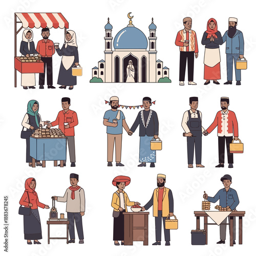 Diverse Muslim Community Scenes: Market, Mosque, and Social Gatherings