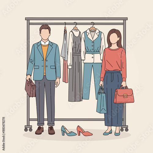 Fashion store display with male and female mannequins and clothing rack