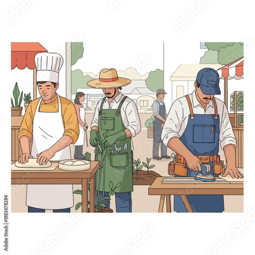 Diverse workers in outdoor workshop: chef, gardener, builder