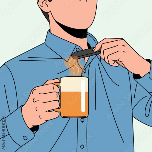 Man adding sugar to hot beverage in mug