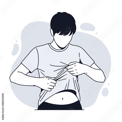 Man checking his t-shirt, clean illustration, minimalist style