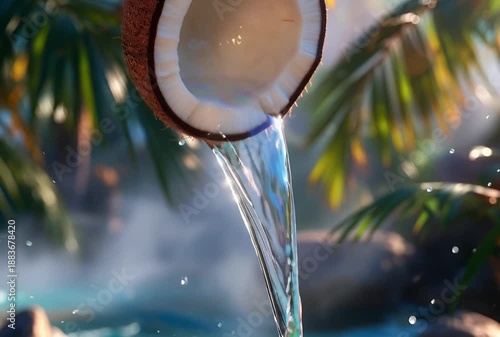 A split coconut reveal holographic water flowing out in a smooth liquid stream