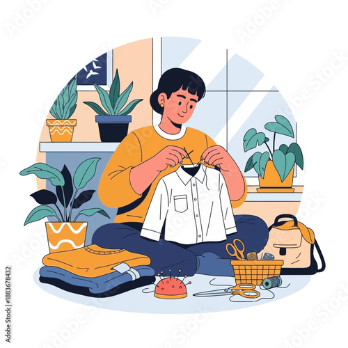 Person sewing shirt, surrounded by plants and craft supplies.