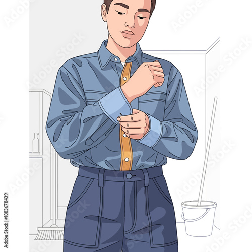 Person rolling up sleeves of blue shirt, preparing for work